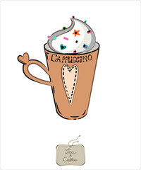 A cup with a cute decor on a transparent background. Vector art from a set of festive cups. Suitable for printing on T-shirts, cases and accessories.