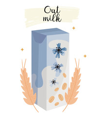 Package with plant based oat milk, decorated with rye leaves and cornflowers, isolated on white background vector illustration