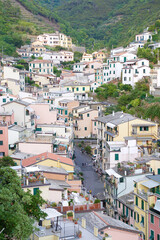 Fototapeta na wymiar View of the colorful houses along the coastline of Cinque Terre area in Riomaggiore, Italy
