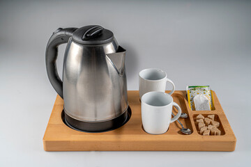 Electric kettle , tea and coffee cup set in hotel room, ceramic cup set,