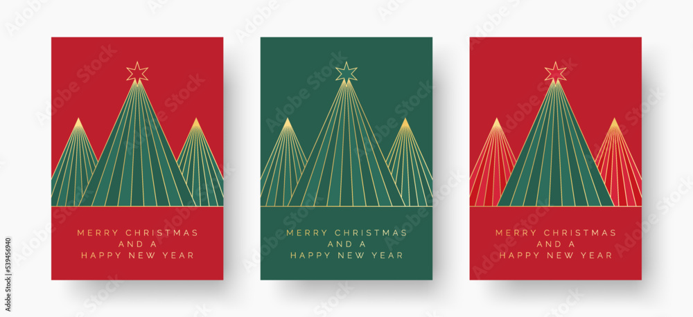 Wall mural Christmas Card Design Templates. Set of Elegant Christmas Greeting Card Designs with Geometric Christmas Tree Scene Illustration. Luxury Style Vector Template for Festive Cards, Postcard, Invitation - Wall murals