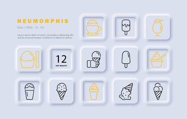 Ice cream in a cone set icon. Street food, summer, dessert, sweet, cold, frozen, tasty. Eating concept. Neomorphism style. Vector line icon for Business and Advertising