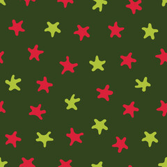 Stars pattern. Seamless vector illustration. Light green and red elements on a green background. Great for backdrop decoration, cards, wallpaper, textiles, fabric, wrappers, additions to the design.