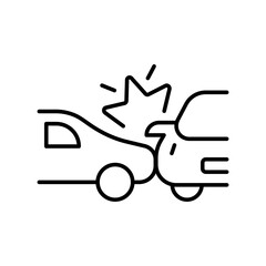 Collision of two cars line icon. Car accident, drive, unable to control, warning sign, collision, collide, crash into wall, driver, service, fix, repair. Road traffic concept. Vector line icon