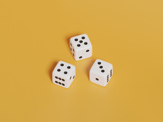 Dice on yellow background. Casino, betting, gambling addiction, concept of luck and random, orthographic lens 3d render