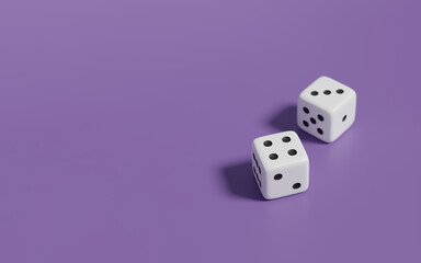 A pair of dice on purple background. Casino, betting, gambling addiction, concept of luck and random, 3d render