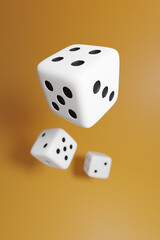 Dice on yellow background. Casino, betting, gambling addiction, concept of luck and random, 3d render