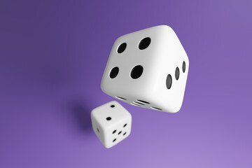 A pair of dice on purple background. Casino, betting, gambling addiction, concept of luck and random, 3d render