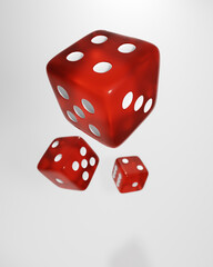 Red glossy dice on isolated background. Casino, betting, gambling addiction, concept of luck and random, 3d render