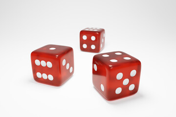 Red glossy dice on isolated background. Casino, betting, gambling addiction, concept of luck and random, 3d render