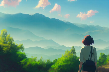 Anime girl trekking alone in the natue. Travel lifestyle. Cute pretty girl with courage backpacking in the mountains. Looking at the horizon. Drawing of a manga, cartoon character. Lofi girl walking.