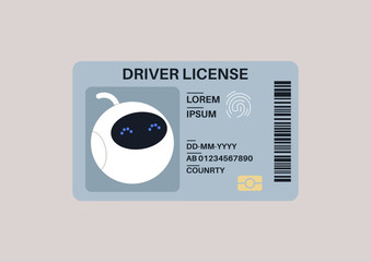 A driverless concept, a robot driver license plastic card with a photo