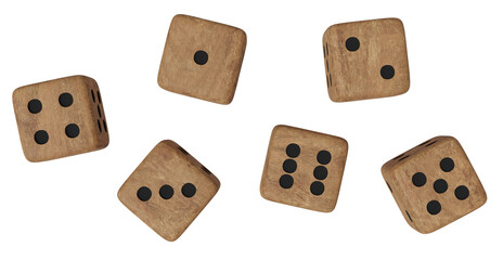 Wood dice on isolated background, 3d render. Chinese mooncake game, casino, betting, gambling addiction, concept of luck and random.
