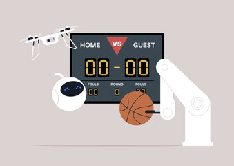 A team of robots playing basketball, artificial intelligence and modern lifestyle