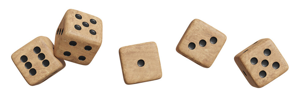 Wood bo bing dice on isolated background, 3d render. Chinese mooncake game, casino, betting, gambling addiction, concept of luck and random.