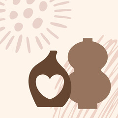 Vintage abstract set with vector boho ceramic vase. Vector illustration. Elegant decoration. Boho flat modern design