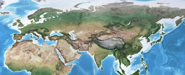 Physical map of Eurasia, Europe and Asia. Flattened satellite view of Planet Earth. 3D illustration - Elements of this image furnished by NASA - obrazy, fototapety, plakaty