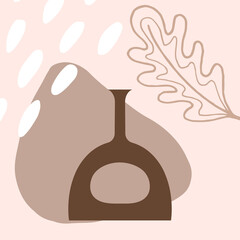 Vintage abstract set with vector boho ceramic vase. Vector illustration. Elegant decoration. Boho flat modern design