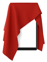 Red fabric covering a blank blank tablet, pad, mobile phone or other gadget. Transparent isolated...