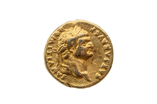 Roman gold aureus replica coin obverse of Roman Emperor Domitian AD 81-96, png stock photo file cut out and isolated on a transparent background