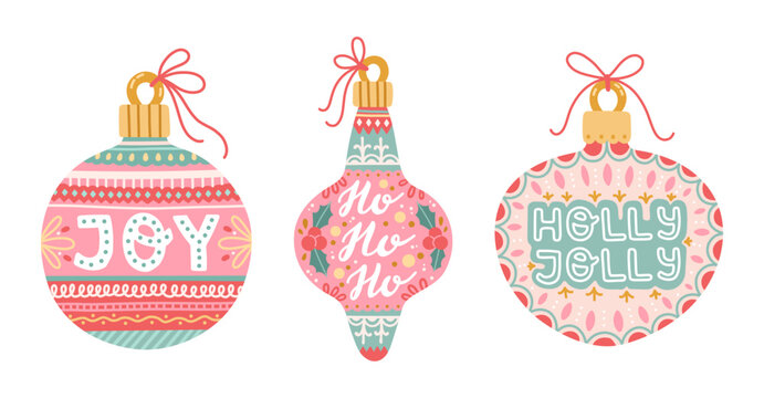 Christmas decorations balls set with lettering flat design vector
