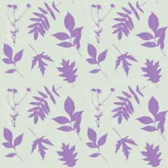 Foto op Aluminium Aquarel natuur set Kamille en bladerensilhouet, violette pastelkleur, patroon. Stempel, opdruk, herbarium, vintage.