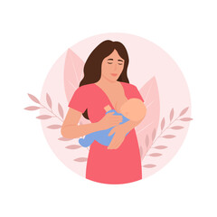 Breastfeeding mother.Woman feeding a baby with breast with nature and leaves background. Lactation concept. World Breastfeeding Week. Flat vector illustration