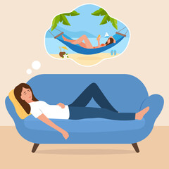 Relaxed woman  on couch sleeping and  dreaming about summer vacation , beach with sea. Flat style vector illustration.