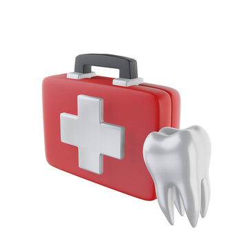 3d rendering of first aid medical box and tooth isolated on transparent background. First aid kit. PNG. 3D rendering, ui, ux for web