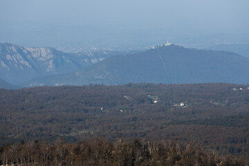 Trnovska Plateau from Higher Point near Lokve, well visible the Basilica of Sveta Gora - Holly Mountain - Slovenia