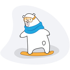 A polar bear stands with its back on a yellow snowboard in yellow goggles and a blue scarf in cartoon style. Animal logo or banner. Baby winter holidays greeting card.