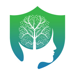 Female head with  brain tree logo concept. Organic brain  tree mind concept design.