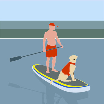 Man and dog on supboard on water