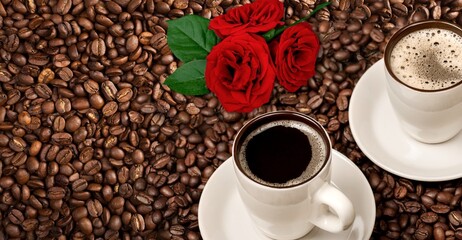 Fresh aroma coffee Beans and cups
