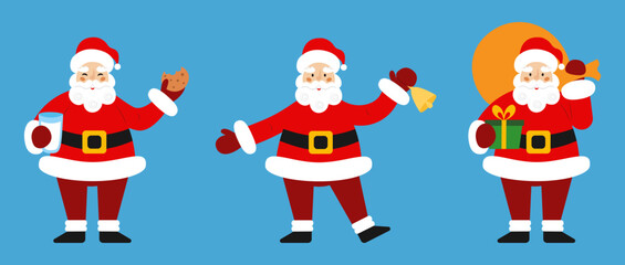 Cute cartoon Santa Claus set with different poses. Christmas and winter holiday theme. Happy New Year design elements.  Vector illustration in flat style. 