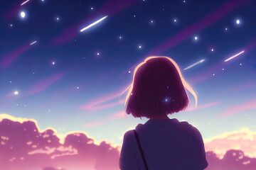 Fototapeta premium Anime girl looking at the night sky. Manga cartoon character alone. Moment of emotion. Thinking while stargazing at the clouds. Beautiful cute woman being sad depressed. Moment of hope. Digital art.