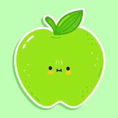 Sticker green apple. Vector hand drawn cartoon kawaii character illustration icon. Isolated on white background. Green apple concept