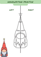 Draw and color a scandinavian gnome. Handwriting practice sheet for both hands, kids preschool activity, development children game, left and right hemispheres of the brain, vector illustration
