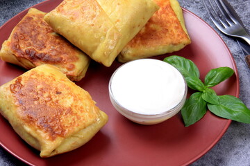 Traditional russian pancakes or blini with curd. Pancakes filled with minced heart or meat