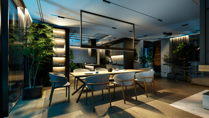 3d rendering of modern cozy interior with living,dining zone stair and kitchen for sale or rent with wood plank by the sea in night. Warm interior lighting combined with cold light from night street