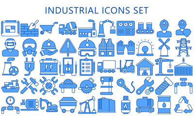 Fototapeta na wymiar Industry blue color icons set. Energy, construction, production, manufacturing, helmet, power station, mine, warehouse and more. use for UI or UX kit, and app. vector EPS 10 ready convert to SVG.