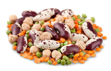 Raw beans and lentils isolated on white