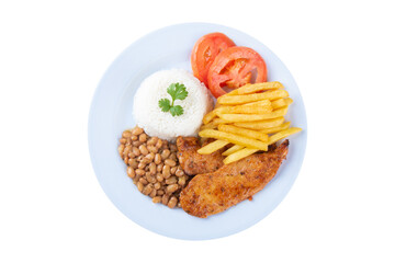 Traditional food plate with beans, fried chicken, rice and french fries
