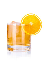 Yellow drink with ice cubes and orange slice on white background, isolated