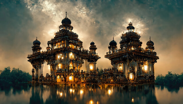 AI generated image of Indraprasta, the Pandavas' palace of illusions as mentioned in the Indian Hindu epic Mahabharat 