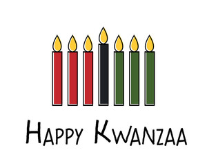 Happy Kwanzaa greeting card with text, seven candles in traditional African colors - red, black, green. Simple vector illustration isolated on white background. Banner design for Kwanzaa ethnic