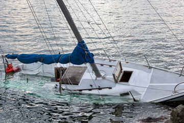 White yacht drowned in Pacific Ocean bay