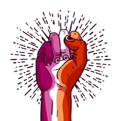 A woman's hand clenched into a fist. The flag of lesbian pride. A colorful logo of one of the LGBT flags. Sexual identification. Vector illustration