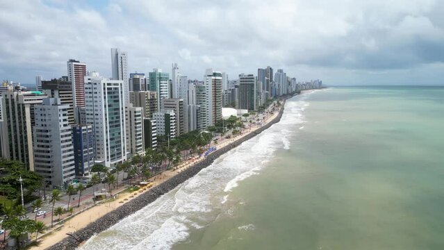Aerial view of "Boa Viagem" beach in Recife, capital of Pernambuco, Brazil. 4K