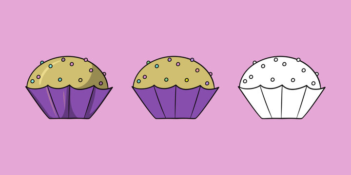 A horizontal set of images. Round cupcake with multicolored round sugar crumbs in a lilac cup, vector